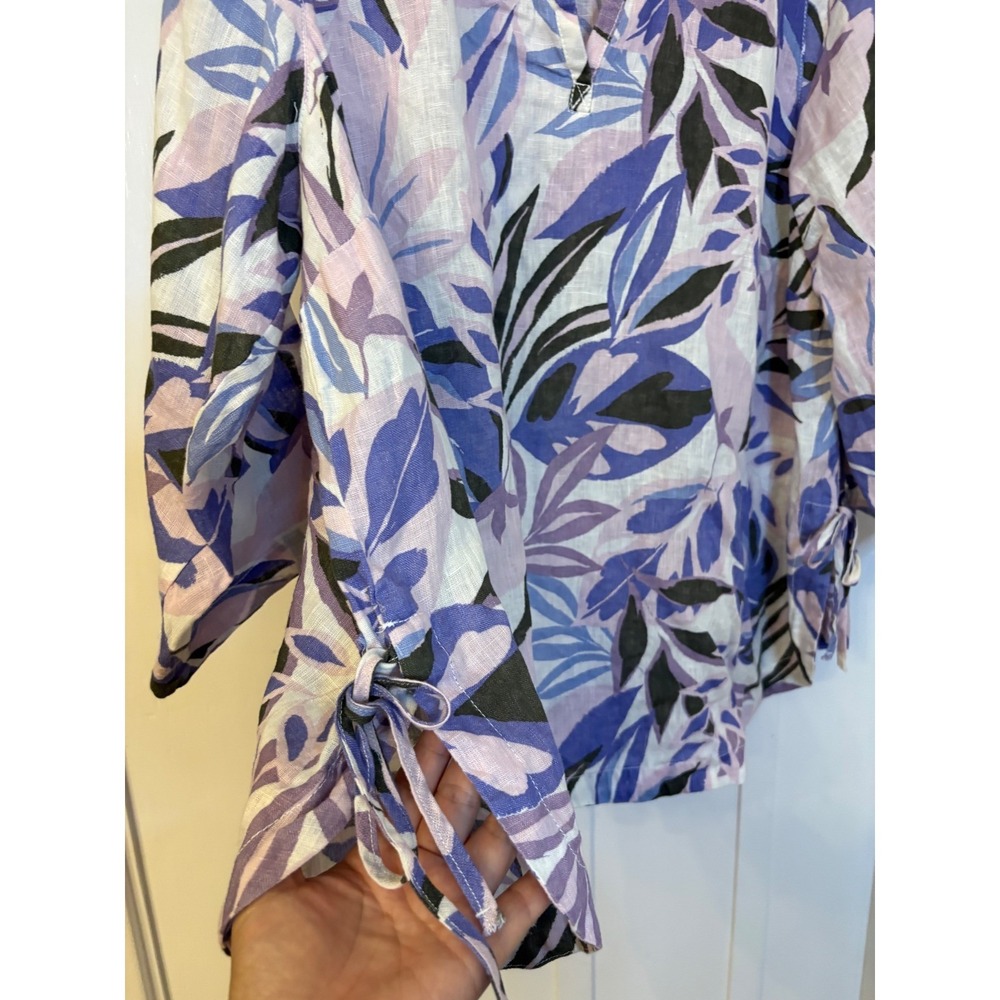 C&C California Women Purple Tropical Leaf Print 100% Linen Tunic Top 3/4 Sleeve - Picture 10 of 11